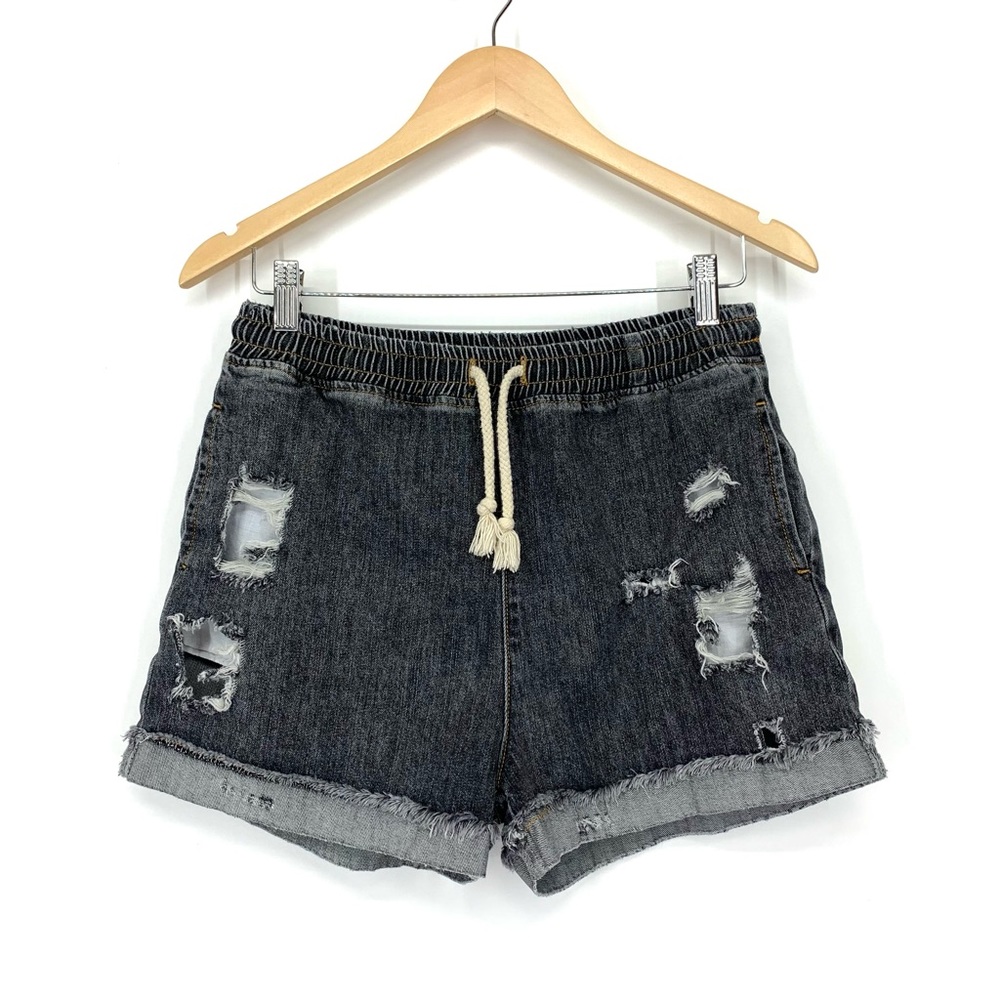POL Distressed Gray Combo Cotton High Waisted Drawstring Shorts Size Medium